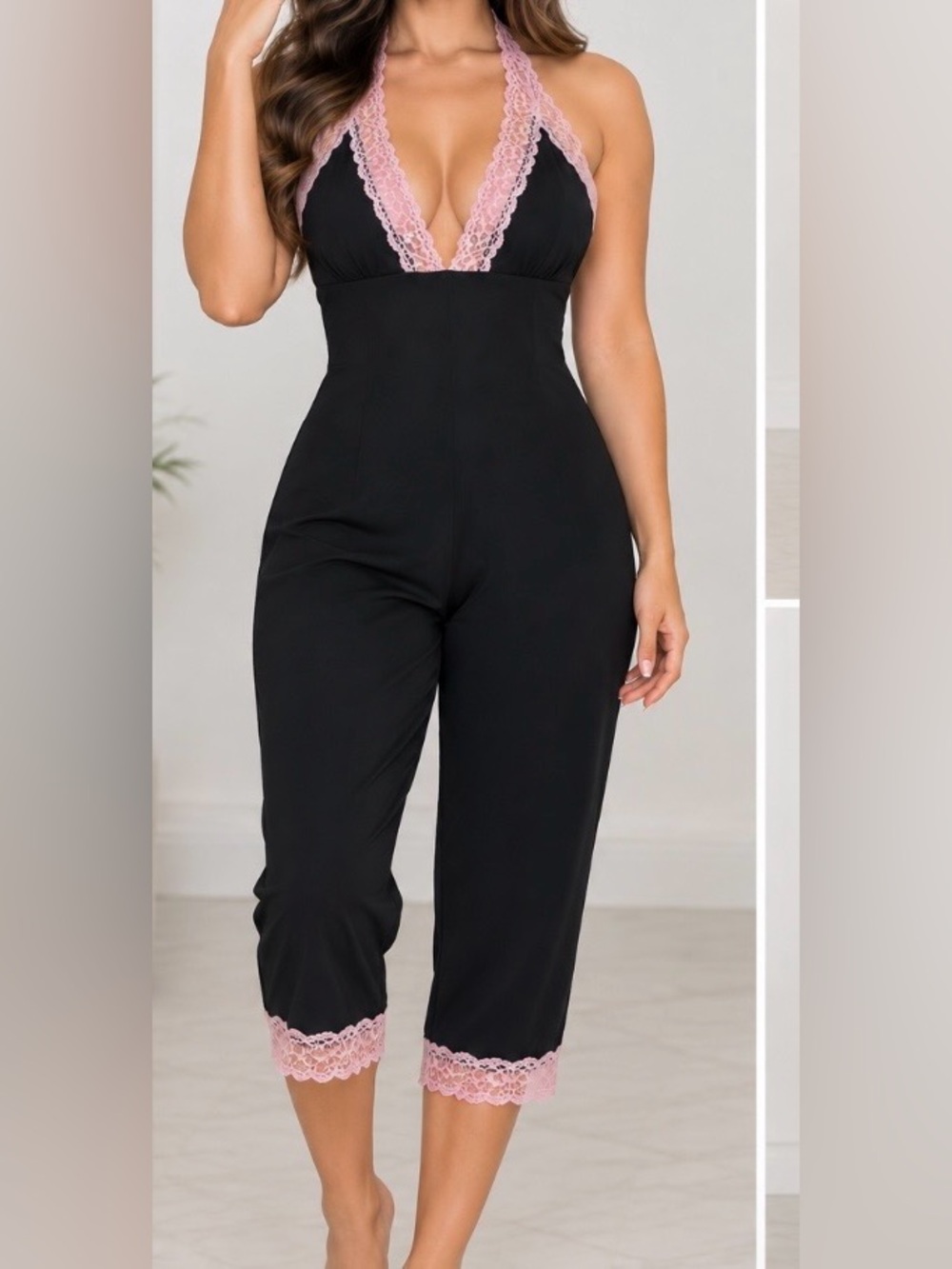 Oh Polly Black Jumpsuit with Pink Lace Trim